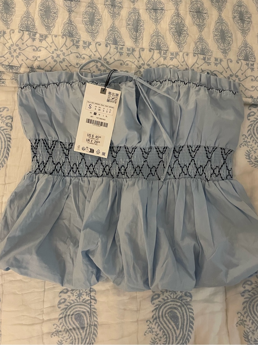 NWT Zara light blue embroidered bubble top